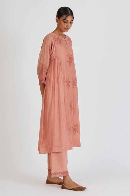 Lajjoo C_Pink Chanderi Print Dots Round Madhu Floret Resham Embroidered Kurta With Pant _at_Aza_Fashions