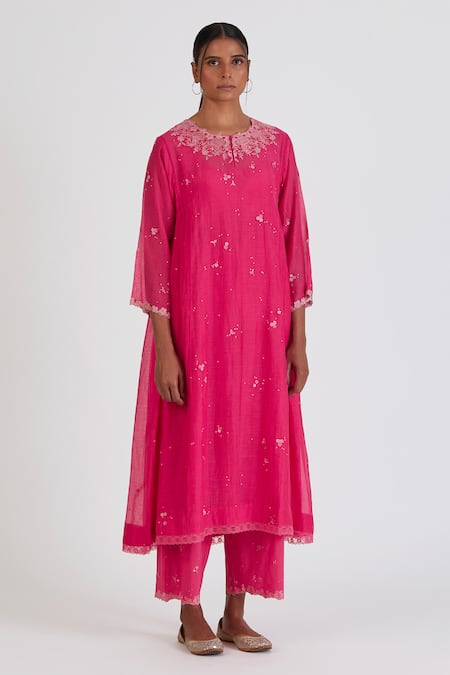Lajjoo C Pink Chanderi Embroidery Chintz Bl Round Neck Binti Bloom Kurta With Palazzo 