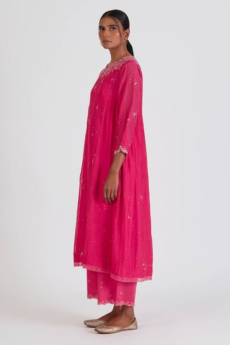Lajjoo C_Pink Chanderi Embroidery Chintz Bl Round Neck Binti Bloom Kurta With Palazzo _Online_at_Aza_Fashions