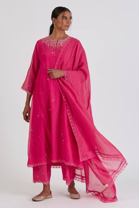 Buy_Lajjoo C_Pink Chanderi Embroidery Chintz Bl Round Neck Binti Bloom Kurta With Palazzo _Online_at_Aza_Fashions