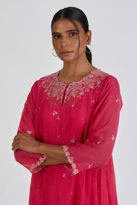 Shop_Lajjoo C_Pink Chanderi Embroidery Chintz Bl Round Neck Binti Bloom Kurta With Palazzo _Online_at_Aza_Fashions