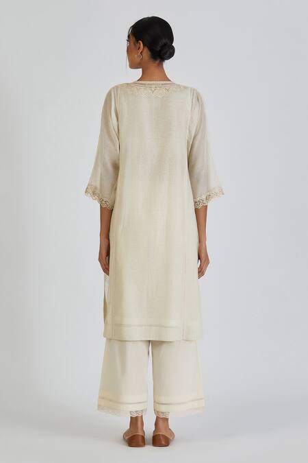 Shop Lajjoo C Ivory Chanderi Print Dots Round Neck Zainab Rosa Lace Yoke Kurta With Pant at Aza Fashions Shop_Lajjoo C_Ivory Chanderi Print Dots Round Neck Zainab Rosa Lace Yoke Kurta With Pant _at_Aza_Fashions