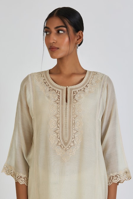 Lajjoo C Ivory Chanderi Print Dots Round Neck Zainab Rosa Lace Yoke Kurta With Pant Online at Aza Fashions Lajjoo C_Ivory Chanderi Print Dots Round Neck Zainab Rosa Lace Yoke Kurta With Pant _Online_at_Aza_Fashions