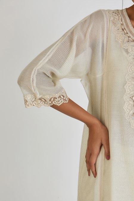 Buy Lajjoo C Ivory Chanderi Print Dots Round Neck Zainab Rosa Lace Yoke Kurta With Pant Online at Aza Fashions Buy_Lajjoo C_Ivory Chanderi Print Dots Round Neck Zainab Rosa Lace Yoke Kurta With Pant _Online_at_Aza_Fashions