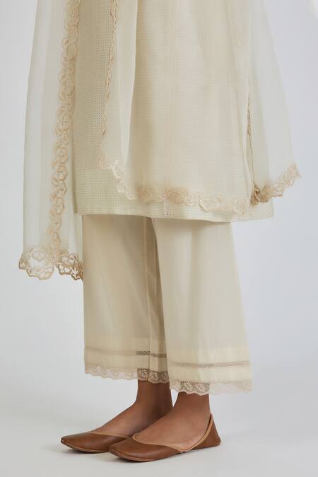 Shop Lajjoo C Ivory Chanderi Print Dots Round Neck Zainab Rosa Lace Yoke Kurta With Pant Online at Aza Fashions Shop_Lajjoo C_Ivory Chanderi Print Dots Round Neck Zainab Rosa Lace Yoke Kurta With Pant _Online_at_Aza_Fashions
