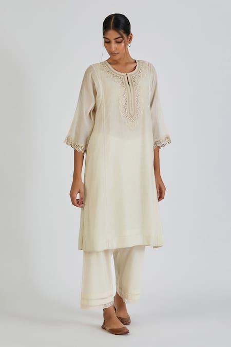 Lajjoo C Ivory Chanderi Print Dots Round Neck Zainab Rosa Lace Yoke Kurta With Pant at Aza Fashions Lajjoo C_Ivory Chanderi Print Dots Round Neck Zainab Rosa Lace Yoke Kurta With Pant _at_Aza_Fashions