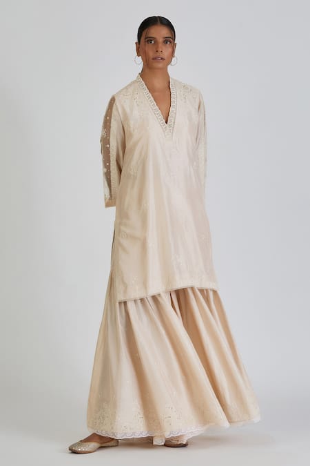 Lajjoo C Ivory Silk Embroidery Floral Lace V Nidhi Bloom Embellished Kurta With Sharara 