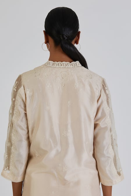 Shop Lajjoo C Ivory Silk Embroidery Floral Lace V Nidhi Bloom Embellished Kurta With Sharara at Aza Fashions Shop_Lajjoo C_Ivory Silk Embroidery Floral Lace V Nidhi Bloom Embellished Kurta With Sharara _at_Aza_Fashions