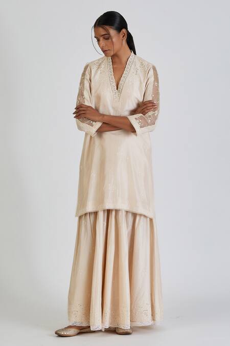 Lajjoo C Ivory Silk Embroidery Floral Lace V Nidhi Bloom Embellished Kurta With Sharara Online at Aza Fashions Lajjoo C_Ivory Silk Embroidery Floral Lace V Nidhi Bloom Embellished Kurta With Sharara _Online_at_Aza_Fashions