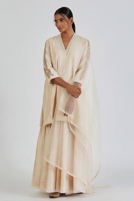 Buy Lajjoo C Ivory Silk Embroidery Floral Lace V Nidhi Bloom Embellished Kurta With Sharara Online at Aza Fashions Buy_Lajjoo C_Ivory Silk Embroidery Floral Lace V Nidhi Bloom Embellished Kurta With Sharara _Online_at_Aza_Fashions