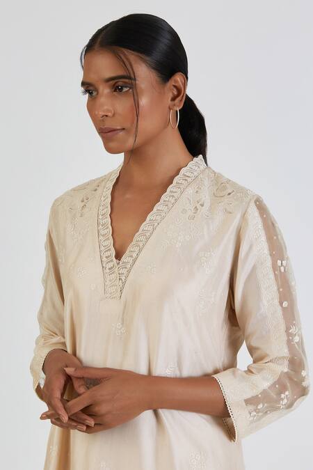 Shop Lajjoo C Ivory Silk Embroidery Floral Lace V Nidhi Bloom Embellished Kurta With Sharara Online at Aza Fashions Shop_Lajjoo C_Ivory Silk Embroidery Floral Lace V Nidhi Bloom Embellished Kurta With Sharara _Online_at_Aza_Fashions