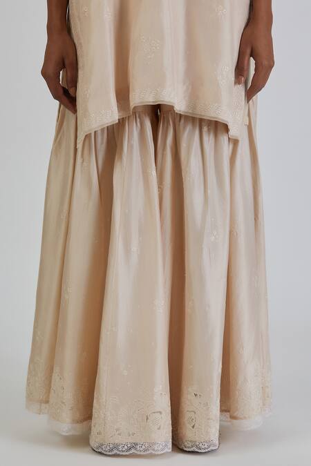 Lajjoo C Ivory Silk Embroidery Floral Lace V Nidhi Bloom Embellished Kurta With Sharara at Aza Fashions Lajjoo C_Ivory Silk Embroidery Floral Lace V Nidhi Bloom Embellished Kurta With Sharara _at_Aza_Fashions