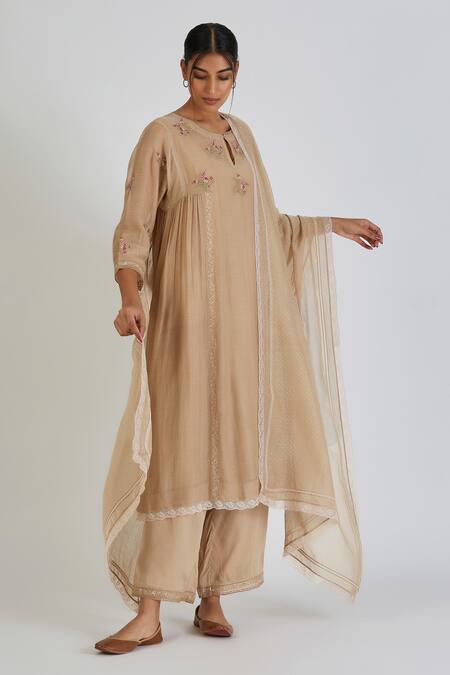 Buy Lajjoo C Beige Chanderi Embroidery Resham Round Sima Floral Cluster Kurta With Palazzo Online at Aza Fashions Buy_Lajjoo C_Beige Chanderi Embroidery Resham Round Sima Floral Cluster Kurta With Palazzo _Online_at_Aza_Fashions