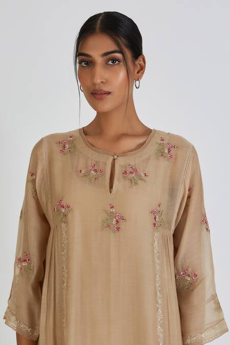 Shop Lajjoo C Beige Chanderi Embroidery Resham Round Sima Floral Cluster Kurta With Palazzo Online at Aza Fashions Shop_Lajjoo C_Beige Chanderi Embroidery Resham Round Sima Floral Cluster Kurta With Palazzo _Online_at_Aza_Fashions
