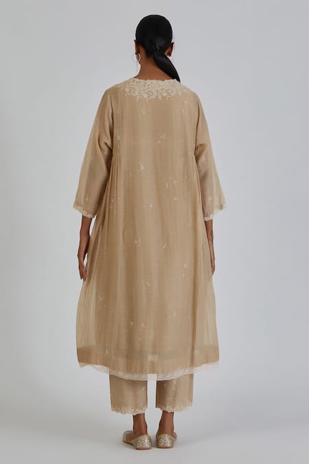 Shop Lajjoo C Beige Chanderi Embroidery Fleur Round Neck Binti Ditsy Daisy Kurta With Palazzo at Aza Fashions Shop_Lajjoo C_Beige Chanderi Embroidery Fleur Round Neck Binti Ditsy Daisy Kurta With Palazzo _at_Aza_Fashions