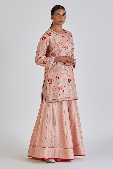 Lajjoo C Pink Silk Embroidery Phool Round Neck Zulekha Kurta With Sharara 