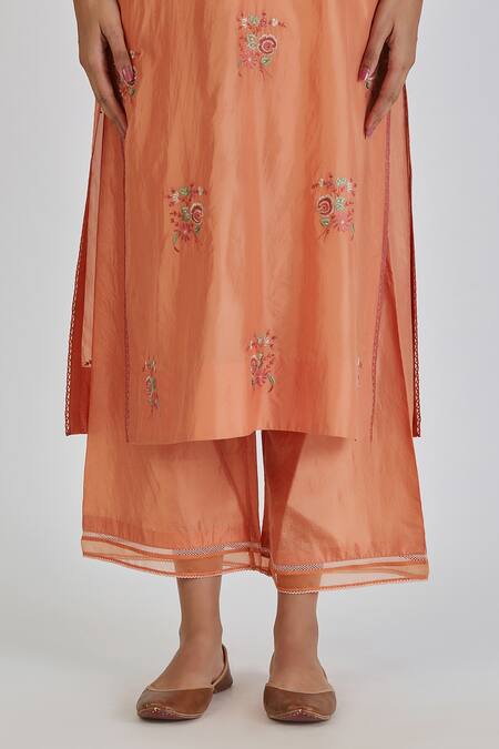 Shop Lajjoo C Peach Silk Embroidery Floweret Round Neck Resham Kurta With Palazzo Online at Aza Fashions Shop_Lajjoo C_Peach Silk Embroidery Floweret Round Neck Resham Kurta With Palazzo _Online_at_Aza_Fashions