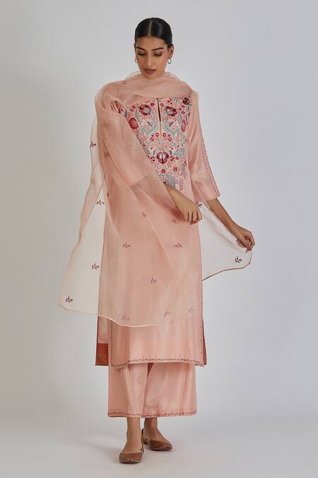 Lajjoo C_Pink Silk Embroidery Parsi Floral Round Neck Tvisha Yoke Kurta With Palazzo _Online_at_Aza_Fashions
