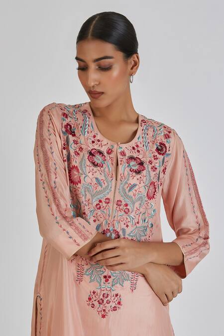 Buy_Lajjoo C_Pink Silk Embroidery Parsi Floral Round Neck Tvisha Yoke Kurta With Palazzo _Online_at_Aza_Fashions