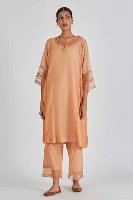 Lajjoo C Peach Chanderi Print Dots Round Najma Resham Embroidered Kurta With Palazzo 