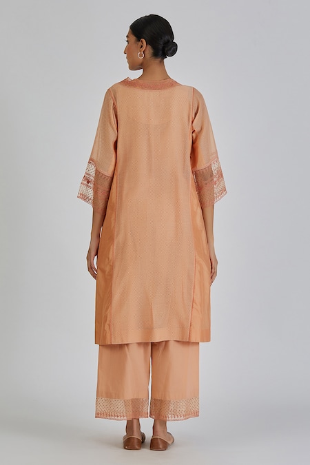 Shop Lajjoo C Peach Chanderi Print Dots Round Najma Resham Embroidered Kurta With Palazzo at Aza Fashions Shop_Lajjoo C_Peach Chanderi Print Dots Round Najma Resham Embroidered Kurta With Palazzo _at_Aza_Fashions