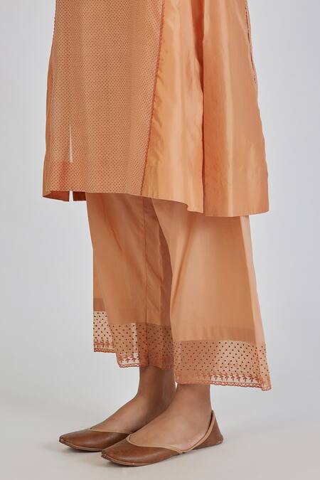 Buy Lajjoo C Peach Chanderi Print Dots Round Najma Resham Embroidered Kurta With Palazzo Online at Aza Fashions Buy_Lajjoo C_Peach Chanderi Print Dots Round Najma Resham Embroidered Kurta With Palazzo _Online_at_Aza_Fashions