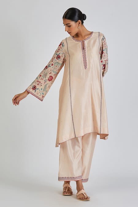 Lajjoo C Ivory Silk Embroidery Chintz Blossom Round Neck Revti Kurta With Palazzo 