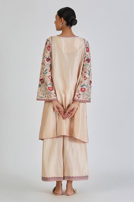 Shop_Lajjoo C_Ivory Silk Embroidery Chintz Blossom Round Neck Revti Kurta With Palazzo _at_Aza_Fashions