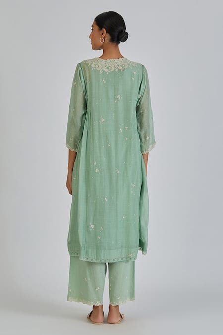 Shop Lajjoo C Green Chanderi Embroidery Florid Round Neck Binti Kurta With Palazzo at Aza Fashions Shop_Lajjoo C_Green Chanderi Embroidery Florid Round Neck Binti Kurta With Palazzo _at_Aza_Fashions