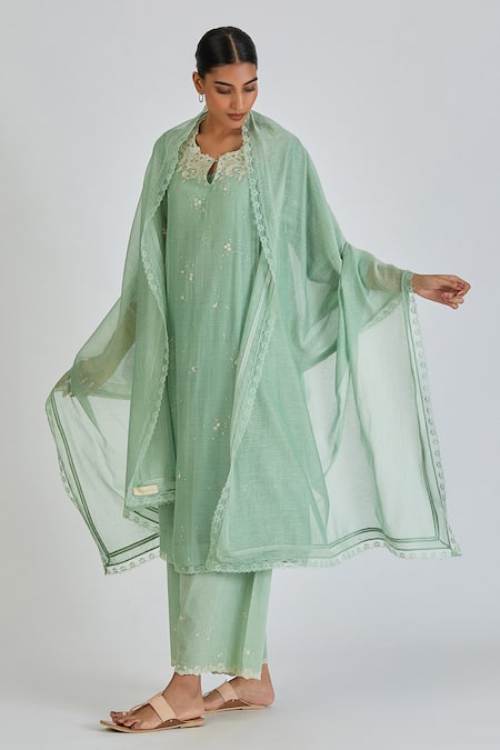 Lajjoo C Green Chanderi Embroidery Florid Round Neck Binti Kurta With Palazzo Online at Aza Fashions Lajjoo C_Green Chanderi Embroidery Florid Round Neck Binti Kurta With Palazzo _Online_at_Aza_Fashions