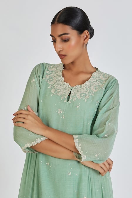 Buy Lajjoo C Green Chanderi Embroidery Florid Round Neck Binti Kurta With Palazzo Online at Aza Fashions Buy_Lajjoo C_Green Chanderi Embroidery Florid Round Neck Binti Kurta With Palazzo _Online_at_Aza_Fashions