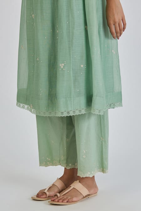 Shop Lajjoo C Green Chanderi Embroidery Florid Round Neck Binti Kurta With Palazzo Online at Aza Fashions Shop_Lajjoo C_Green Chanderi Embroidery Florid Round Neck Binti Kurta With Palazzo _Online_at_Aza_Fashions