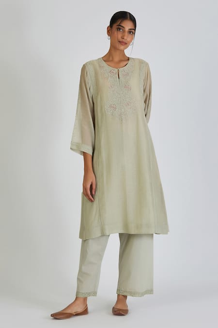 Lajjoo C Green Chanderi Embroidery Filigree Round Neck Fiza Yoke Kurta With Palazzo 