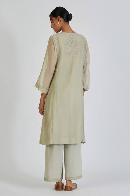 Shop Lajjoo C Green Chanderi Embroidery Filigree Round Neck Fiza Yoke Kurta With Palazzo at Aza Fashions Shop_Lajjoo C_Green Chanderi Embroidery Filigree Round Neck Fiza Yoke Kurta With Palazzo _at_Aza_Fashions