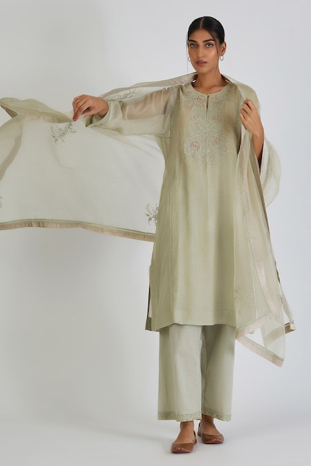 Lajjoo C Green Chanderi Embroidery Filigree Round Neck Fiza Yoke Kurta With Palazzo Online at Aza Fashions Lajjoo C_Green Chanderi Embroidery Filigree Round Neck Fiza Yoke Kurta With Palazzo _Online_at_Aza_Fashions