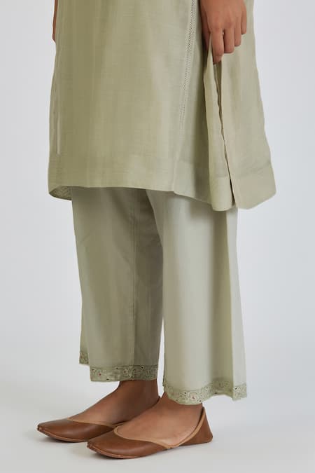 Shop Lajjoo C Green Chanderi Embroidery Filigree Round Neck Fiza Yoke Kurta With Palazzo Online at Aza Fashions Shop_Lajjoo C_Green Chanderi Embroidery Filigree Round Neck Fiza Yoke Kurta With Palazzo _Online_at_Aza_Fashions