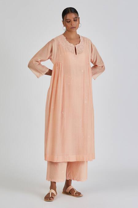 Lajjoo C Peach Chanderi Embroidery Florence Round Neck Binti Kurta With Palazzo 