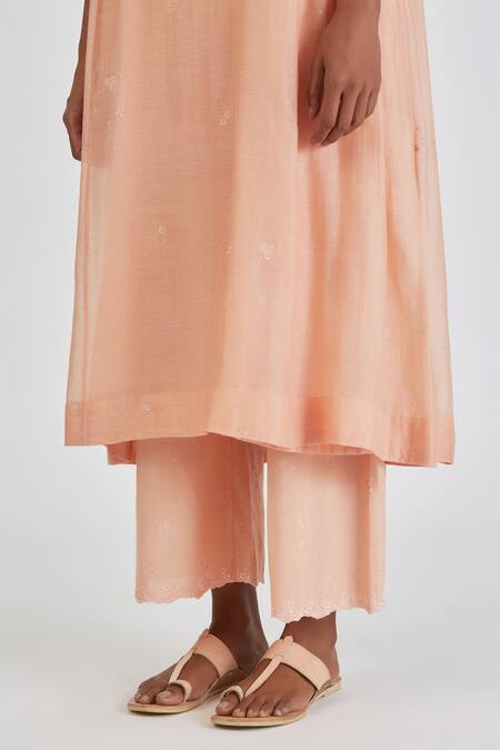 Buy Lajjoo C Peach Chanderi Embroidery Florence Round Neck Binti Kurta With Palazzo Online at Aza Fashions Buy_Lajjoo C_Peach Chanderi Embroidery Florence Round Neck Binti Kurta With Palazzo _Online_at_Aza_Fashions