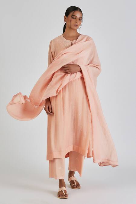 Shop Lajjoo C Peach Chanderi Embroidery Florence Round Neck Binti Kurta With Palazzo Online at Aza Fashions Shop_Lajjoo C_Peach Chanderi Embroidery Florence Round Neck Binti Kurta With Palazzo _Online_at_Aza_Fashions