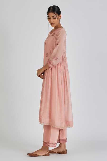 Lajjoo C Pink Chanderi Embroidery Wildflora Round Neck Parisa Kurta With Palazzo 