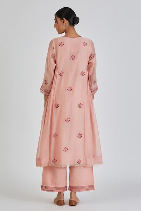 Shop Lajjoo C Pink Chanderi Embroidery Wildflora Round Neck Parisa Kurta With Palazzo at Aza Fashions Shop_Lajjoo C_Pink Chanderi Embroidery Wildflora Round Neck Parisa Kurta With Palazzo _at_Aza_Fashions