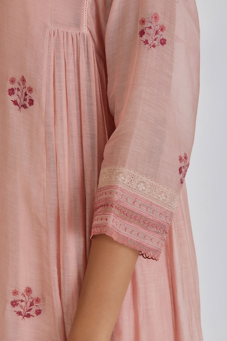 Buy Lajjoo C Pink Chanderi Embroidery Wildflora Round Neck Parisa Kurta With Palazzo Online at Aza Fashions Buy_Lajjoo C_Pink Chanderi Embroidery Wildflora Round Neck Parisa Kurta With Palazzo _Online_at_Aza_Fashions