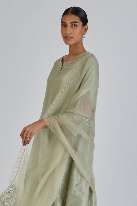 Shop Lajjoo C Green Silk Embroidered Thread Round Urmi Floral Kurta With Pant at Aza Fashions Shop_Lajjoo C_Green Silk Embroidered Thread Round Urmi Floral Kurta With Pant _at_Aza_Fashions