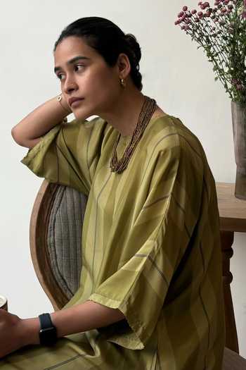 Dot_Green Cotton, Silk Beads Round Neck Evelyn Striped Chakbagla Kurta And Pant Set _Online_at_Aza_Fashions