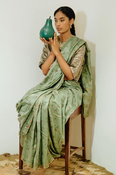 Dot Green Chanderi, Cotton, Silk Chintz Print Saree With Unstitched Blouse Piece