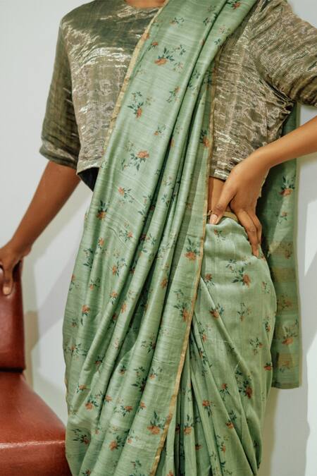 Dot Green Chanderi, Cotton, Silk Chintz Print Saree With Unstitched Blouse Piece Online at Aza Fashions Dot_Green Chanderi, Cotton, Silk Chintz Print Saree With Unstitched Blouse Piece _Online_at_Aza_Fashions