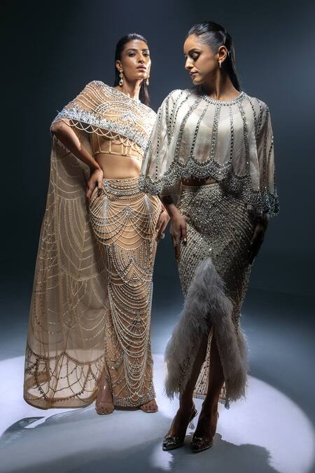 Kavita Arora_Gold Satin, Net Sequins, Beads Hand Embroidered Pre-draped Skirt Saree Set _Online_at_Aza_Fashions