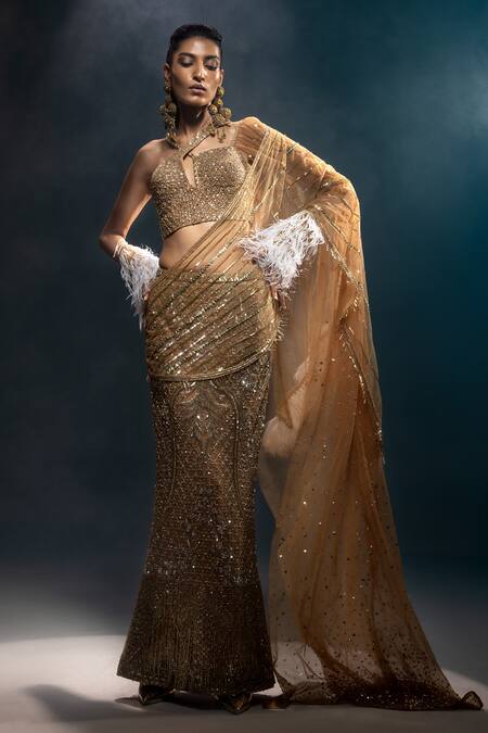 Shop_Kavita Arora_Gold Satin, Net Sequins, Beads Hand Embroidered Pre-draped Skirt Saree Set _Online_at_Aza_Fashions