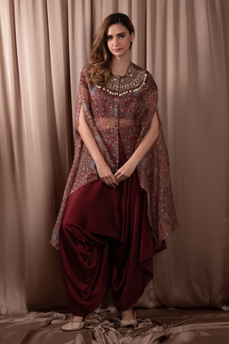 Vara by Vibha n Priti Maroon Organza Embroidered Shell Round Floral And Bird Print Cape Harrem Pant Set 