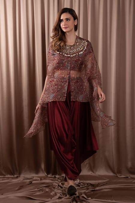 Vara By Vibha N Priti_Maroon Silk Embroidery Floral And Bird Print Cape Harrem Pant Set _Online_at_Aza_Fashions